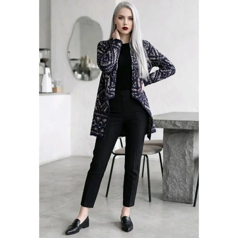 🇬🇪🔹️Lucky Blue Intarsia Chunky Knit Open Cascading Cardigan Sweater Large